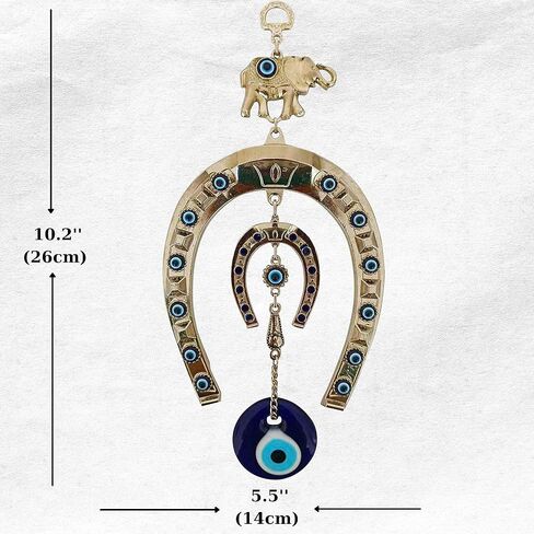 Turkish Silver Horse Shoe Blue Evil Eye Wall Hanging Ornament with Elephant - Turkish Nazar Bead Amulet – Home Protection and Good Luck Charm Gift in a Box in Saudi Arabia