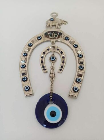 Turkish Silver Horse Shoe Blue Evil Eye Wall Hanging Ornament with Elephant - Turkish Nazar Bead Amulet – Home Protection and Good Luck Charm Gift in a Box in Saudi Arabia