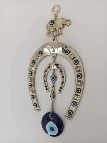 Turkish Silver Horse Shoe Blue Evil Eye Wall Hanging Ornament with Elephant - Turkish Nazar Bead Amulet – Home Protection and Good Luck Charm Gift in a Box in Saudi Arabia