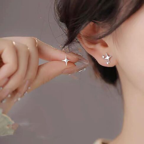 S925 أقراط نجمة فضية، أقراط صغيرة غير متماثلة مضادة للحساسية للنساء في سن المراهقة الفتيات العصرية هدية مجوهرات in Kuwait