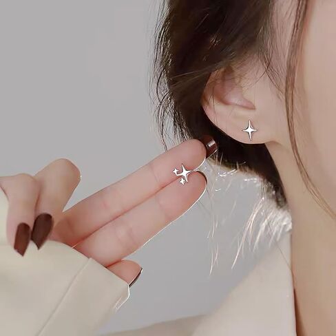 S925 أقراط نجمة فضية، أقراط صغيرة غير متماثلة مضادة للحساسية للنساء في سن المراهقة الفتيات العصرية هدية مجوهرات in Kuwait