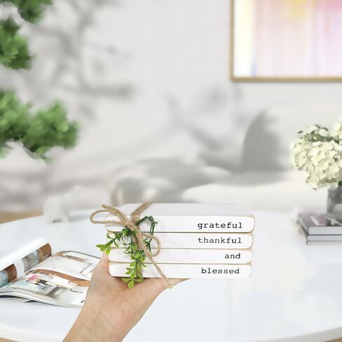 كتب خشبية مزخرفة - كتب مكدسة من الخشب المطلي باللون الأبيض مربوطة بخيوط وخضراء، ديكور مزرعة حديث للرف أو الرف، 5.9 بوصة عرض × 3.8 بوصة ارتفاع × 2.6 بوصة عمق in Kuwait