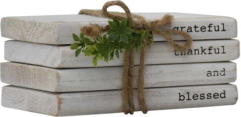 كتب خشبية مزخرفة - كتب مكدسة من الخشب المطلي باللون الأبيض مربوطة بخيوط وخضراء، ديكور مزرعة حديث للرف أو الرف، 5.9 بوصة عرض × 3.8 بوصة ارتفاع × 2.6 بوصة عمق in Kuwait