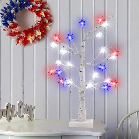 4th of July Decorations Patriotic Tree Red White and Blue Lights Lighted Tabletop Lit Tree for The Home Fourth of July Memorial Day Home Decor in Kuwait