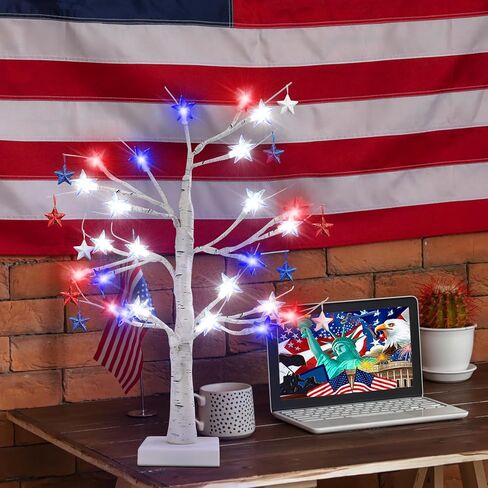 4th of July Decorations Patriotic Tree Red White and Blue Lights Lighted Tabletop Lit Tree for The Home Fourth of July Memorial Day Home Decor in Kuwait