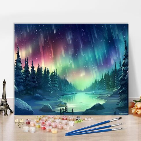 Northern Lights Paint by Numbers Green Oil Painting Paint by Numbers for Adults Beginner Aurora Borealis DIY Oil Painting Kit for Adults with Brushes and Acrylic Pigment Crafts Wall Decor 16x20inch in Saudi Arabia