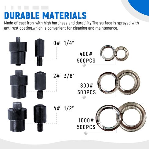 أداة جروميت للضغط اليدوي على البرشام باللون الأزرق، أداة جروميت بتقنية جديدة زرقاء 3 قوالب (#0#2#4) مجموعة أدوات جروميت شديدة التحمل للثقوب والمسامير تتضمن 1500 قطعة من الحلقات الفضية in Kuwait