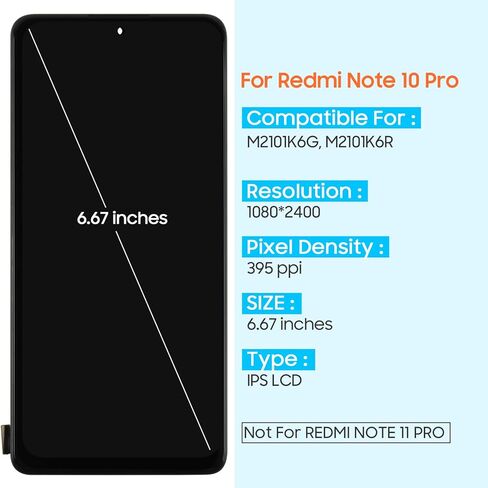 لشاشة Redmi Note 10 Pro 4G بديلة لشاشة Xiaomi Redmi Note 10 Pro LCD M2101K6R، M2101K6G محول رقمي لشاشة اللمس مجموعة كاملة مع أدوات إصلاح (أسود مع إطار) in Saudi Arabia