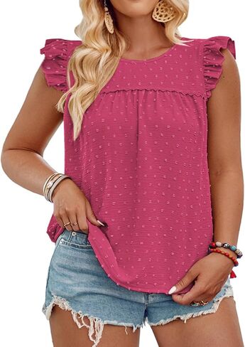 VISLILY Womens-Plus-Size-Summer-Tank-Tops Ruffle Cap Sleeveless T Shirts Crewneck Swiss Dot Blouses Pleated Casual Tee in Saudi Arabia