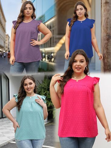 VISLILY Womens-Plus-Size-Summer-Tank-Tops Ruffle Cap Sleeveless T Shirts Crewneck Swiss Dot Blouses Pleated Casual Tee in Saudi Arabia