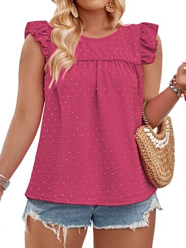 VISLILY Womens-Plus-Size-Summer-Tank-Tops Ruffle Cap Sleeveless T Shirts Crewneck Swiss Dot Blouses Pleated Casual Tee in Saudi Arabia