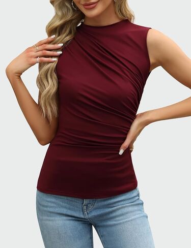 Womens Mock Neck Tank Tops Dressy Summer Sleeveless Ruched Shirts Sexy Casual Slim Fit Trendy Tops Blouses in Saudi Arabia