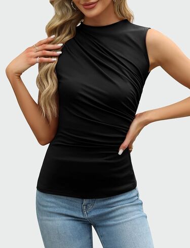 Womens Mock Neck Tank Tops Dressy Summer Sleeveless Ruched Shirts Sexy Casual Slim Fit Trendy Tops Blouses in Saudi Arabia