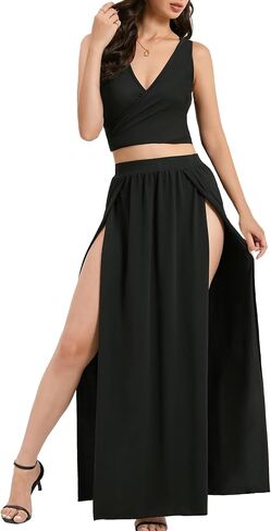 Women's Two Piece Skirt Set 2024 Summer Crop Top Double High Slit Sexy Plus Size Flowy Maxi Skirts Outfits in Saudi Arabia