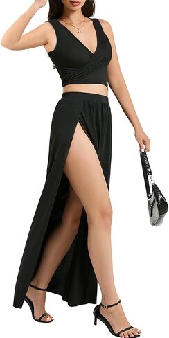 Women's Two Piece Skirt Set 2024 Summer Crop Top Double High Slit Sexy Plus Size Flowy Maxi Skirts Outfits in Saudi Arabia