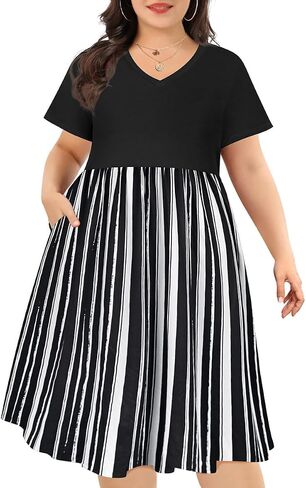 CARCOS Plus Size Dresses for Women Summer Short Sleeve V Neck Patchwork Dresseses XL-5XL in Kuwait
