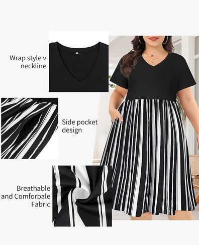 CARCOS Plus Size Dresses for Women Summer Short Sleeve V Neck Patchwork Dresseses XL-5XL in Kuwait