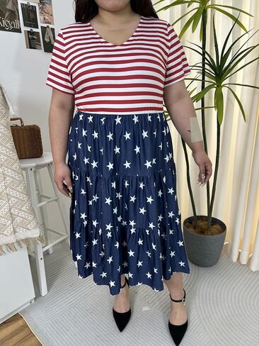CARCOS Plus Size Dresses for Women Summer Short Sleeve V Neck Patchwork Dresseses XL-5XL in Kuwait