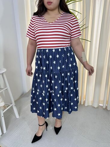 CARCOS Plus Size Dresses for Women Summer Short Sleeve V Neck Patchwork Dresseses XL-5XL in Kuwait