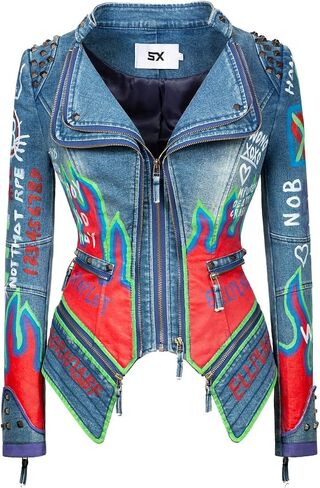 FUYUAN Women's fashion studs perfectly shaped artificial leather jacket graffiti punk motorcycle jacket in Saudi Arabia