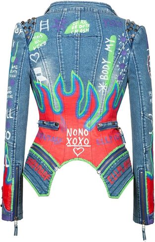 FUYUAN Women's fashion studs perfectly shaped artificial leather jacket graffiti punk motorcycle jacket in Saudi Arabia
