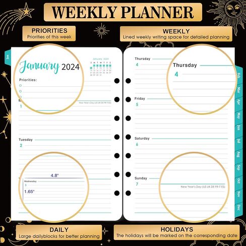 عبوات مخطط 2024 - عبوات مخطط 2024، يناير 2024 - ديسمبر 2024، إدراجات مخطط 2024، 5.5 بوصة × 8.5 بوصة، عبوات مخططة أسبوعية وشهرية 2024، إدراجات مجلد مع 7 علامات تبويب شهرية مثقوبة in Kuwait