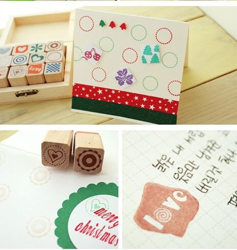 Youkwer 12 قطعة صغيرة لطيفة من الطوابع المطاطية الخشبية اللطيفة DIY مجموعة طوابع سجل القصاصات مع صندوق خشبي (إبزيم نحاسي، قلب) in Kuwait