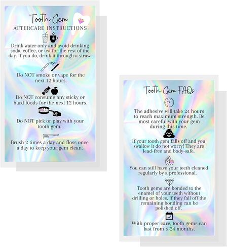 Boutique Marketing Tooth Gem Aftercare and FAQ Cards | 50 Pack | Size 2x3.5 inch h Business Card | Wallet Sized Non Reflective Matte Holographic Look Design (Tooth Gem) in Saudi Arabia