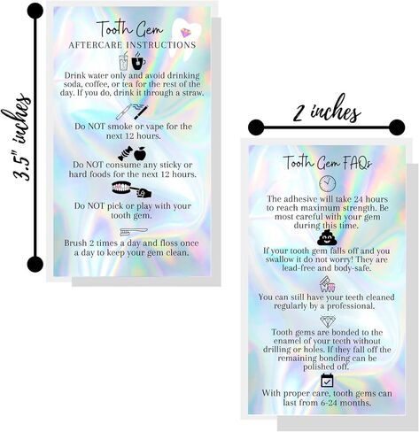 Boutique Marketing Tooth Gem Aftercare and FAQ Cards | 50 Pack | Size 2x3.5 inch h Business Card | Wallet Sized Non Reflective Matte Holographic Look Design (Tooth Gem) in Saudi Arabia