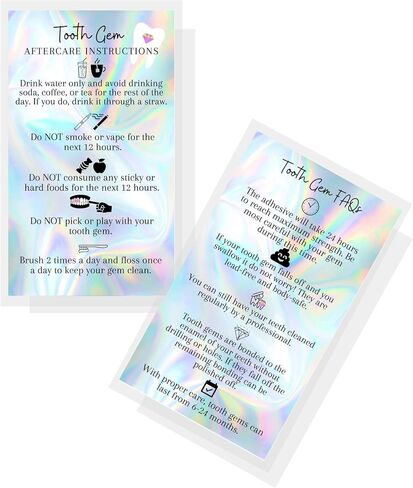 Boutique Marketing Tooth Gem Aftercare and FAQ Cards | 50 Pack | Size 2x3.5 inch h Business Card | Wallet Sized Non Reflective Matte Holographic Look Design (Tooth Gem) in Saudi Arabia