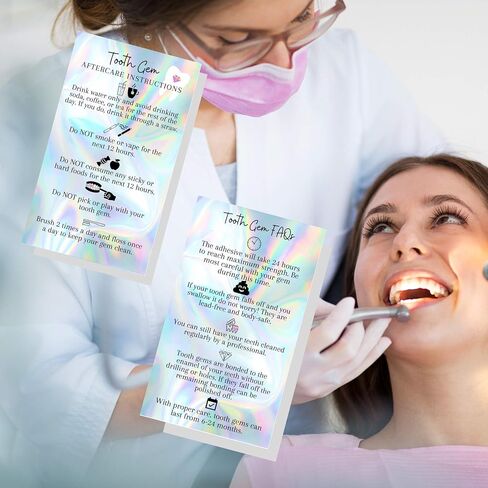 Boutique Marketing Tooth Gem Aftercare and FAQ Cards | 50 Pack | Size 2x3.5 inch h Business Card | Wallet Sized Non Reflective Matte Holographic Look Design (Tooth Gem) in Saudi Arabia