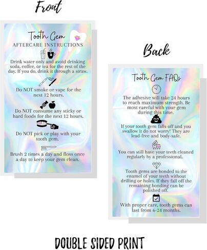 Boutique Marketing Tooth Gem Aftercare and FAQ Cards | 50 Pack | Size 2x3.5 inch h Business Card | Wallet Sized Non Reflective Matte Holographic Look Design (Tooth Gem) in Saudi Arabia