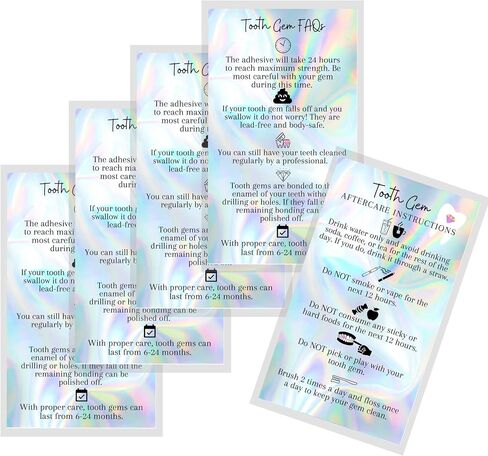Boutique Marketing Tooth Gem Aftercare and FAQ Cards | 50 Pack | Size 2x3.5 inch h Business Card | Wallet Sized Non Reflective Matte Holographic Look Design (Tooth Gem) in Saudi Arabia
