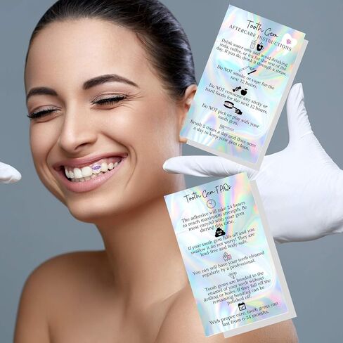 Boutique Marketing Tooth Gem Aftercare and FAQ Cards | 50 Pack | Size 2x3.5 inch h Business Card | Wallet Sized Non Reflective Matte Holographic Look Design (Tooth Gem) in Saudi Arabia