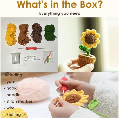 مجموعة أدوات الكروشيه للمبتدئين، قطعتان من نباتات عباد الشمس، مجموعة كروشيه كاملة للبالغين والأطفال مع فيديو تعليمي خطوة بخطوة in Kuwait