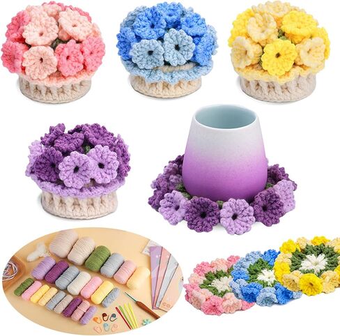 soeNoTK Crochet Kit for Beginners,4PCS Dual-Purpose Crochet Flower Kits as Coasters or Flower Bouquets for Desktop Decotion, Complete Beginner Crochet Kit with Crochet Book and Step-by-Step Video in Saudi Arabia