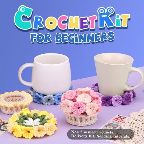 soeNoTK Crochet Kit for Beginners,4PCS Dual-Purpose Crochet Flower Kits as Coasters or Flower Bouquets for Desktop Decotion, Complete Beginner Crochet Kit with Crochet Book and Step-by-Step Video in Saudi Arabia
