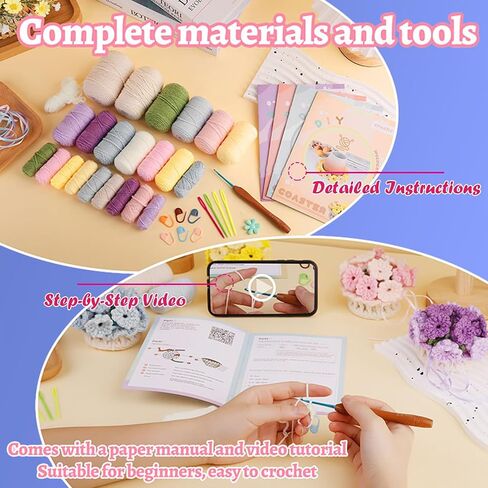 soeNoTK Crochet Kit for Beginners,4PCS Dual-Purpose Crochet Flower Kits as Coasters or Flower Bouquets for Desktop Decotion, Complete Beginner Crochet Kit with Crochet Book and Step-by-Step Video in Saudi Arabia
