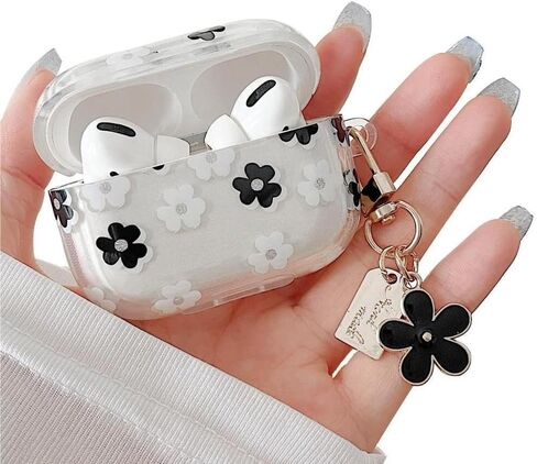 MINSCOSE متوافق مع حافظة AirPods Pro 2 الشفافة، تصميم نمط زهرة كرتونية لطيف مع سلسلة مفاتيح زهرية، حافظة واقية ناعمة من مادة TPU مضادة للصدمات لـ Airpods Pro الجيل الثاني للفتيات والنساء - أبيض in Kuwait