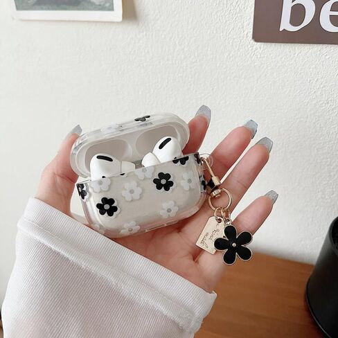 MINSCOSE متوافق مع حافظة AirPods Pro 2 الشفافة، تصميم نمط زهرة كرتونية لطيف مع سلسلة مفاتيح زهرية، حافظة واقية ناعمة من مادة TPU مضادة للصدمات لـ Airpods Pro الجيل الثاني للفتيات والنساء - أبيض in Kuwait