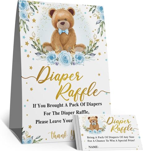 لافتة لعبة حفل استحمام الطفل من حفاضات يانصيب، بدلة تزيين استحمام الطفل من حفاضات الدب (علامة واحدة + 50 بطاقة تخمين)، تذكرة إدخال سحب للأولاد باللون الأزرق - (1أ) in Kuwait