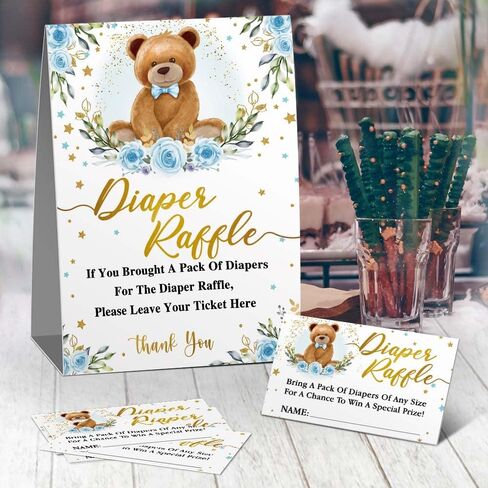 لافتة لعبة حفل استحمام الطفل من حفاضات يانصيب، بدلة تزيين استحمام الطفل من حفاضات الدب (علامة واحدة + 50 بطاقة تخمين)، تذكرة إدخال سحب للأولاد باللون الأزرق - (1أ) in Kuwait