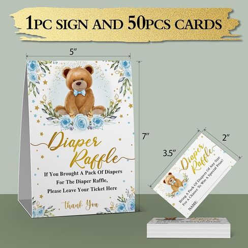 لافتة لعبة حفل استحمام الطفل من حفاضات يانصيب، بدلة تزيين استحمام الطفل من حفاضات الدب (علامة واحدة + 50 بطاقة تخمين)، تذكرة إدخال سحب للأولاد باللون الأزرق - (1أ) in Kuwait