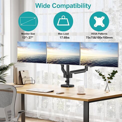 حامل شاشة ثلاثي، حامل شاشة مكتبي لـ 3 شاشات كمبيوتر حتى 32 بوصة، ذراع شاشة ثلاثي مع زنبرك غاز، حامل شاشة عالي التحمل يحمل ما يصل إلى 17.6 رطل لكل واحدة، حامل Vesa 75x75، 100x100 in Kuwait