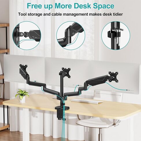 حامل شاشة ثلاثي، حامل شاشة مكتبي لـ 3 شاشات كمبيوتر حتى 32 بوصة، ذراع شاشة ثلاثي مع زنبرك غاز، حامل شاشة عالي التحمل يحمل ما يصل إلى 17.6 رطل لكل واحدة، حامل Vesa 75x75، 100x100 in Kuwait