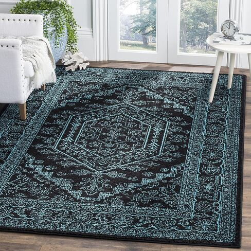 سجادة منطقة مجموعة SAFAVIEH Adirondack - 8 × 10 بوصة، أسود وأزرق مخضر، تصميم ميدالية شرقية، لا يتساقط ويسهل العناية به، مثالي للمناطق ذات حركة المرور العالية في غرفة المعيشة وغرفة النوم (ADR108K) in Saudi Arabia