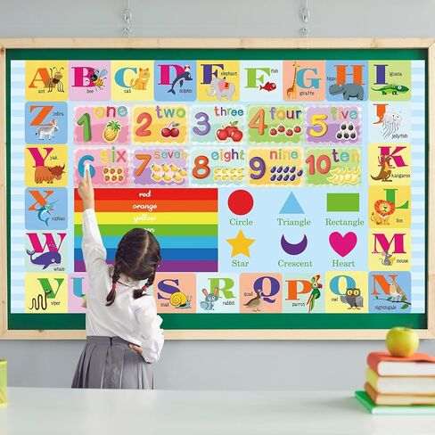 Roetyce Toddlers Educational Poster - ABC Alphabet, Numbers, Animals, Rainbow Color and Shapes Learning, Kindergarten Homeschool Supplies, ABC Learning for Toddlers, Preschool Classroom Decorations in Kuwait