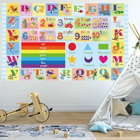 Roetyce Toddlers Educational Poster - ABC Alphabet, Numbers, Animals, Rainbow Color and Shapes Learning, Kindergarten Homeschool Supplies, ABC Learning for Toddlers, Preschool Classroom Decorations in Kuwait