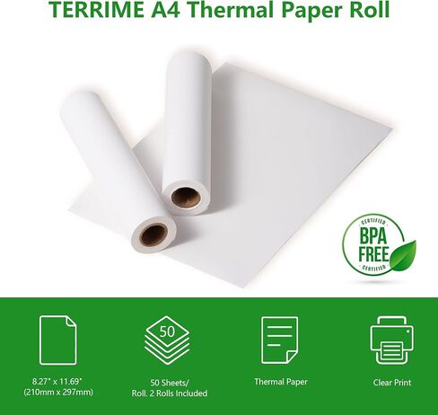 ورق حراري مباشر A4 للطابعة الحرارية المحمولة Terrime A4، ورق لف مقاس 8.27 × 11.69 بوصة، خالي من مادة BPA، 50 ورقة/لفة (عبوتان) in Kuwait