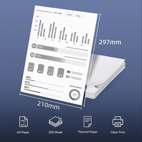 ورق طابعة حرارية مقاس A4 مقاس 8.27 × 11.69 بوصة، طباعة حرارية متقدمة، ورق حراري متوافق مع الطابعة الحرارية المحمولة A80، 200 ورقة in Kuwait